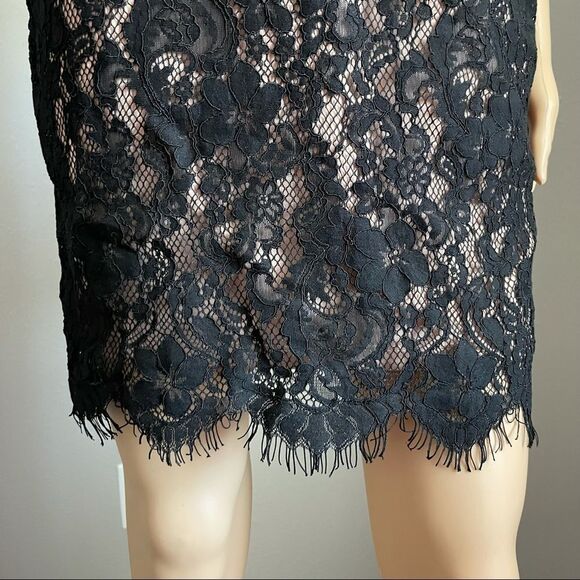 Just Me Sleeveless Plunging Neckline Mini Dress Black Lace Over Nude Size Small - Picture 4 of 14